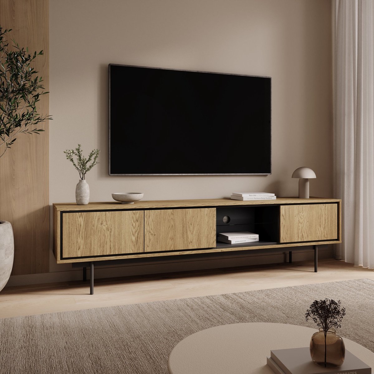 Meubella - Drenn - TV-Meubel - Licht eikenpatroom - 198x38x52 cm