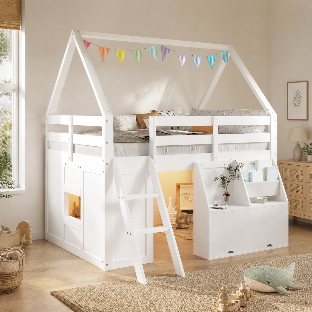 DESMIU Hoogslaper 140x200 cm - Huisvorm Met Trap En Ledverlichting - Opbergruimte Met Klapdeksels En Stoffen Zakjes - Voor Kinderen - Hout En Mdf - Wit - Zonder Matras