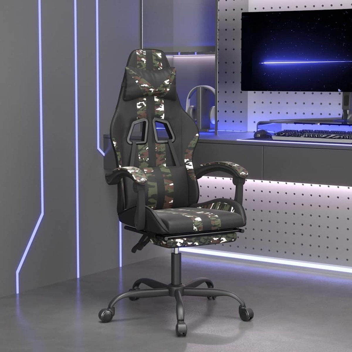 vidaXL Gamestoel - met - voetensteun - kunstleer - zwart - en - camouflage Zwart en camouflage