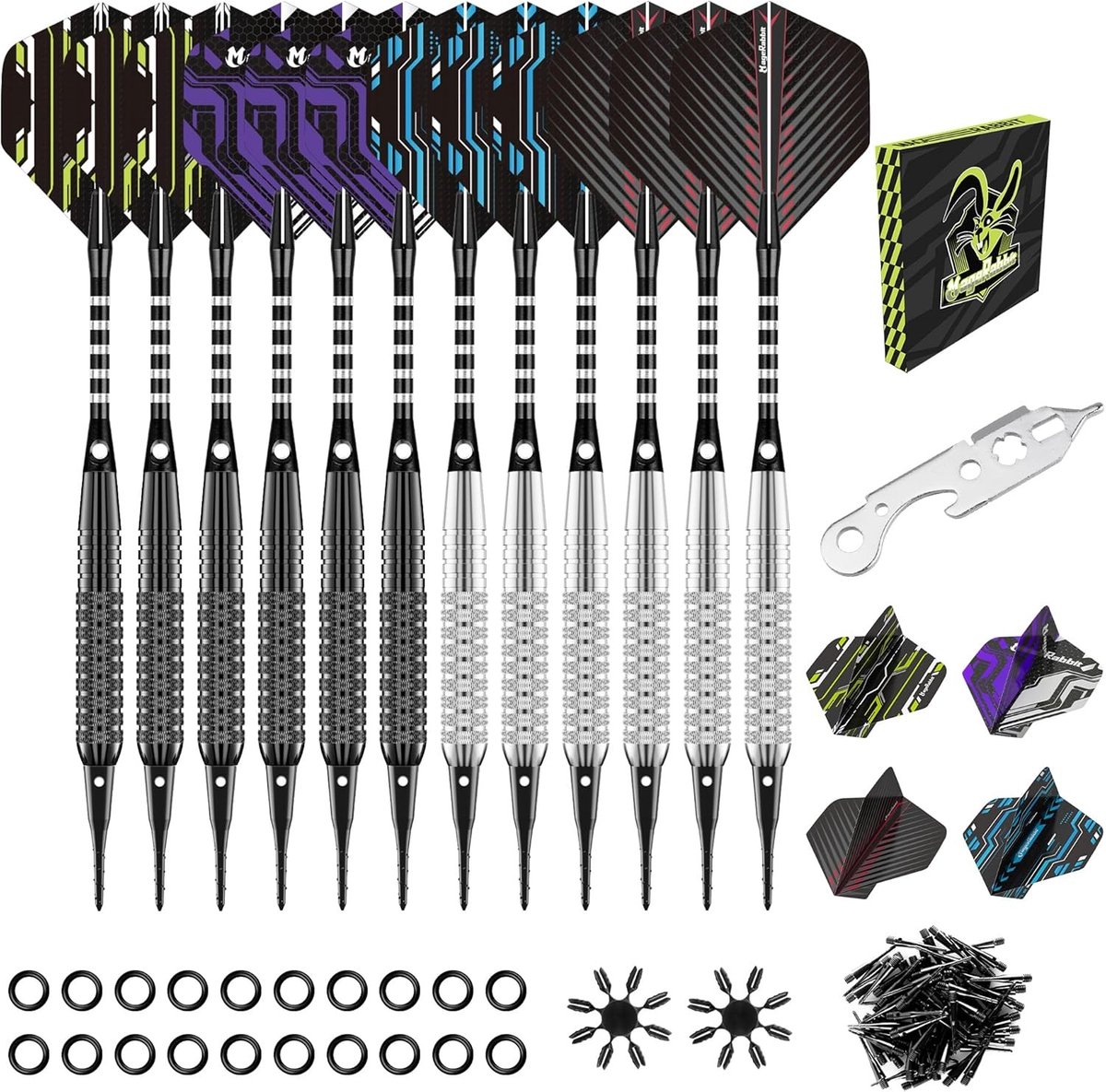 Dartpijlen met Kunststof Punt - Zwart en Zilver - 18 gram - Professionele Softdarts Set met Accessoires - Voor Dartliefhebbers