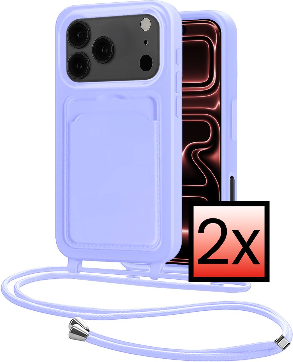 Hoes Geschikt voor iPhone 18 Pro Max Met Telefoonkoord - Siliconen Hoesje Backcover Met Ketting - Lila - 2 PACK