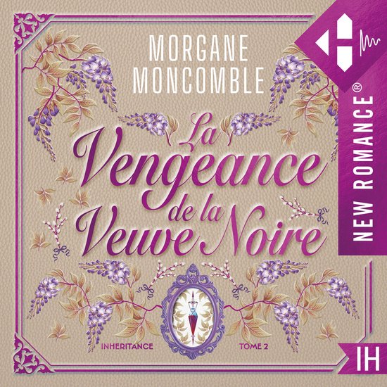 Couverture du livre 'La Vengeance de la Veuve Noire' avec des volutes de fleurs violettes et beiges ornées et le titre en lettres violettes.