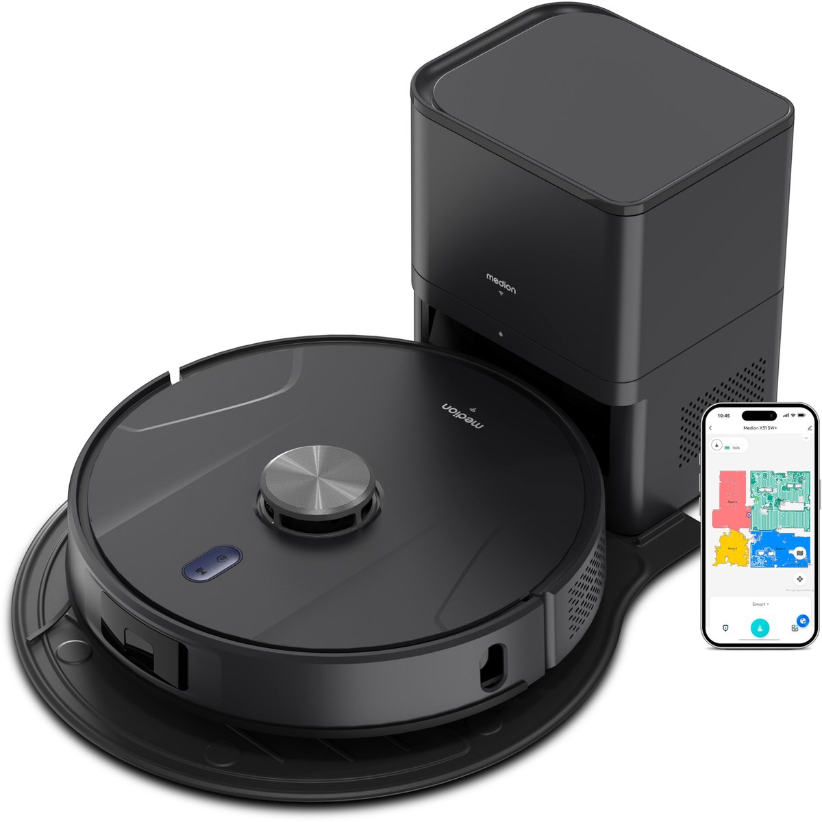 MEDION Robotstofzuiger 2-in-1 met leegstation, lasernavigatie en dweilfunctie X51 SW+, 10000 Pa zuigkracht, 2in1 robot, roterende dweilen, kruislijnlaser, grijs