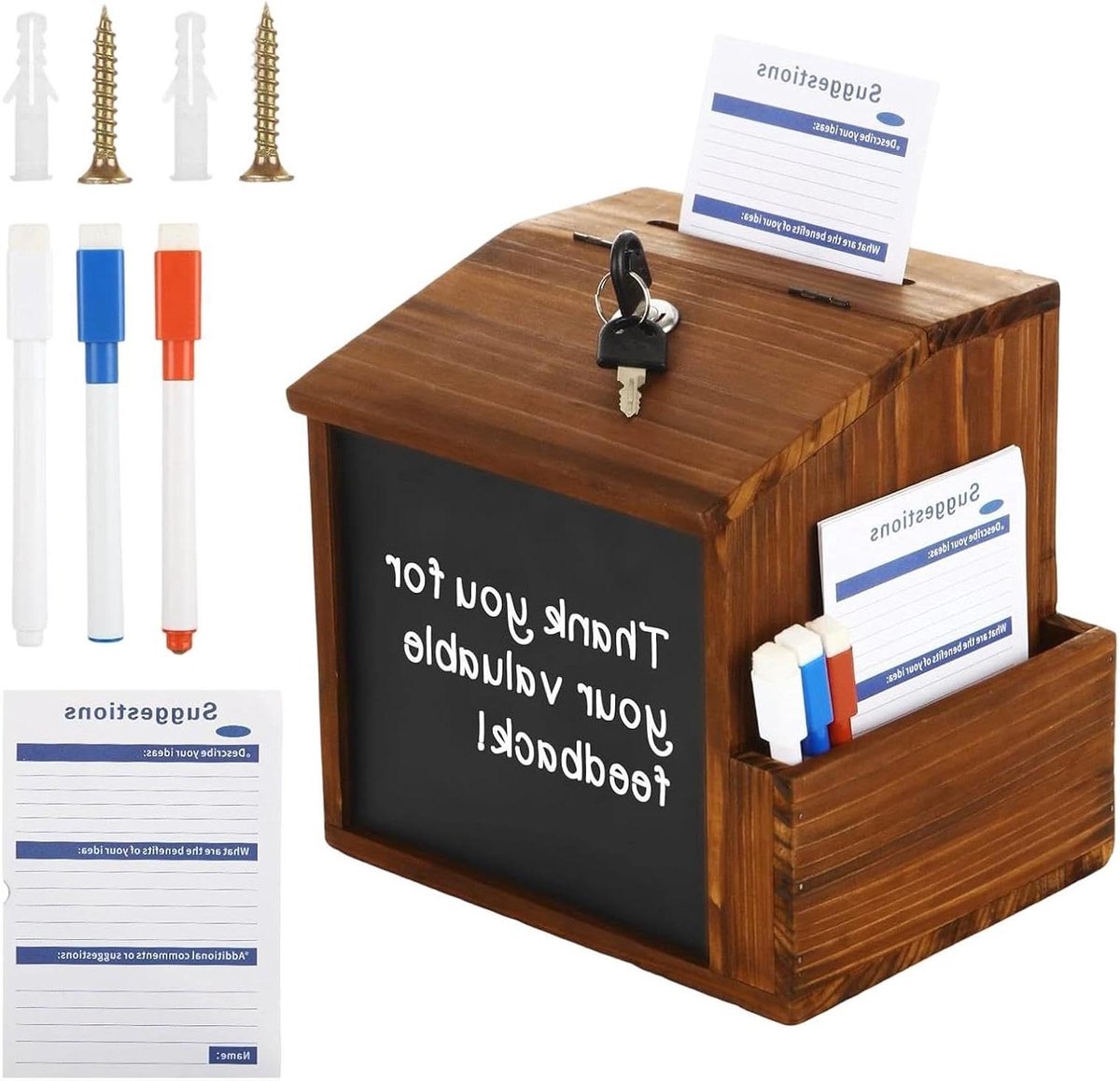 Suggestiedoos met Slot - Opmerkingenbus Donatiebox - Feedback Verzamelen - Configureerbaar Schoolbordpaneel - 20 x 17 x 13 cm - Houtkleur