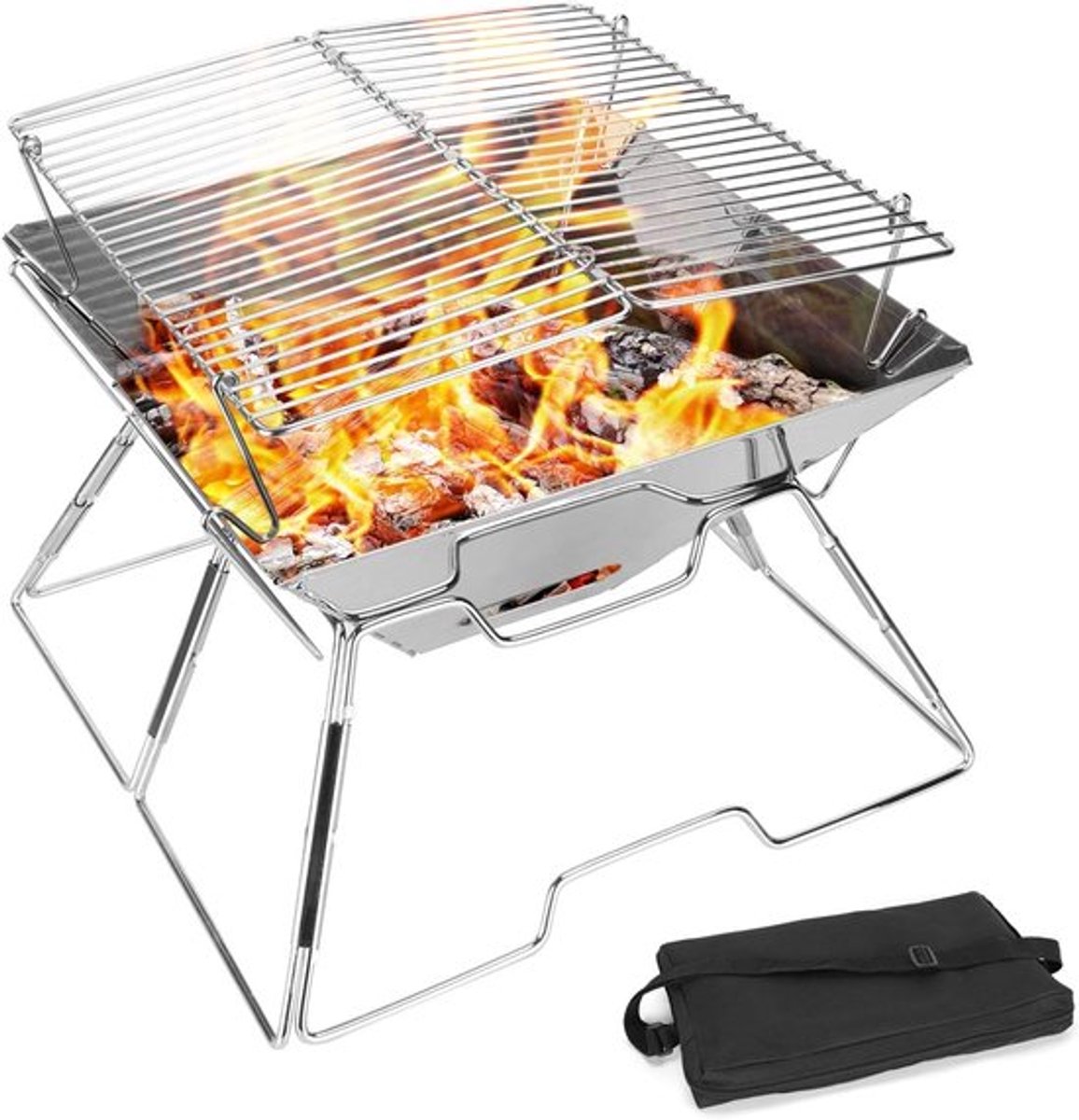 Draagbare BBQ vuurplaats voor camping en tuin, opvouwbare grill van roestvrij staal met handige draagtas, ideaal voor picknicks en buitenfeesten