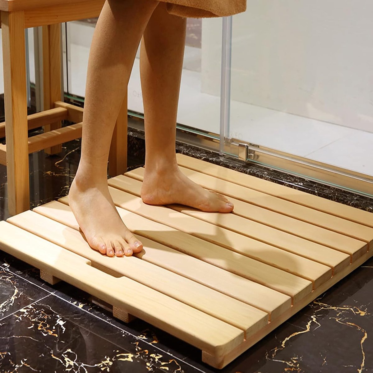 Bamboe Badmat - Houten Vloermat Douche - Badkamer Decoratie - Antislip Rubberen Voetkussen - 75x90cm - Houtkleur — cadeau in Wonen & Interieur - foto 4