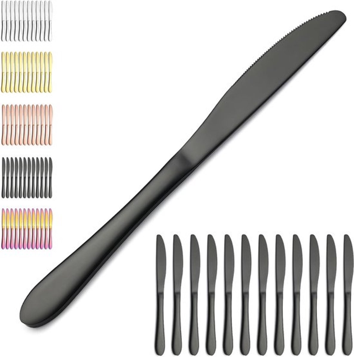 Set van 12 Zwarte Tafelmessen van Roestvrij Staal met Titanium Coating, Ideaal voor Thuis, Restaurant en Hotel, Vaatwasserbestendig