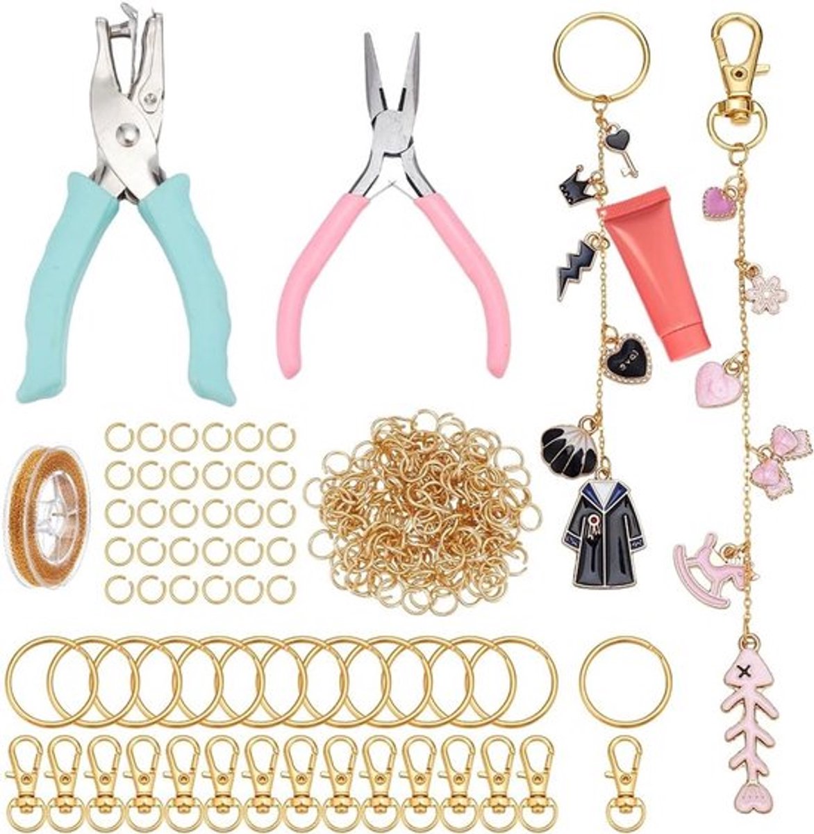263 Lipgloss Sleutelhangers met Ijzeren Gatenpons, Messing Ketting, Spuittang en 200 Verbindingringen en Carabiners
