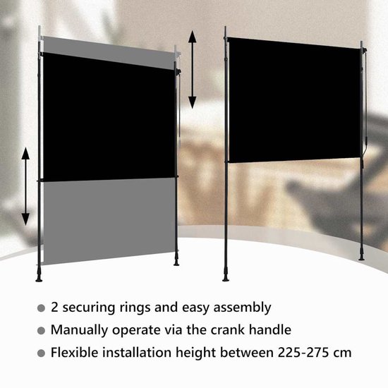 Store vertical deux parties (gris et noir) avec hauteur réglable entre 225-275 cm. Manœuvre manuelle par manivelle.