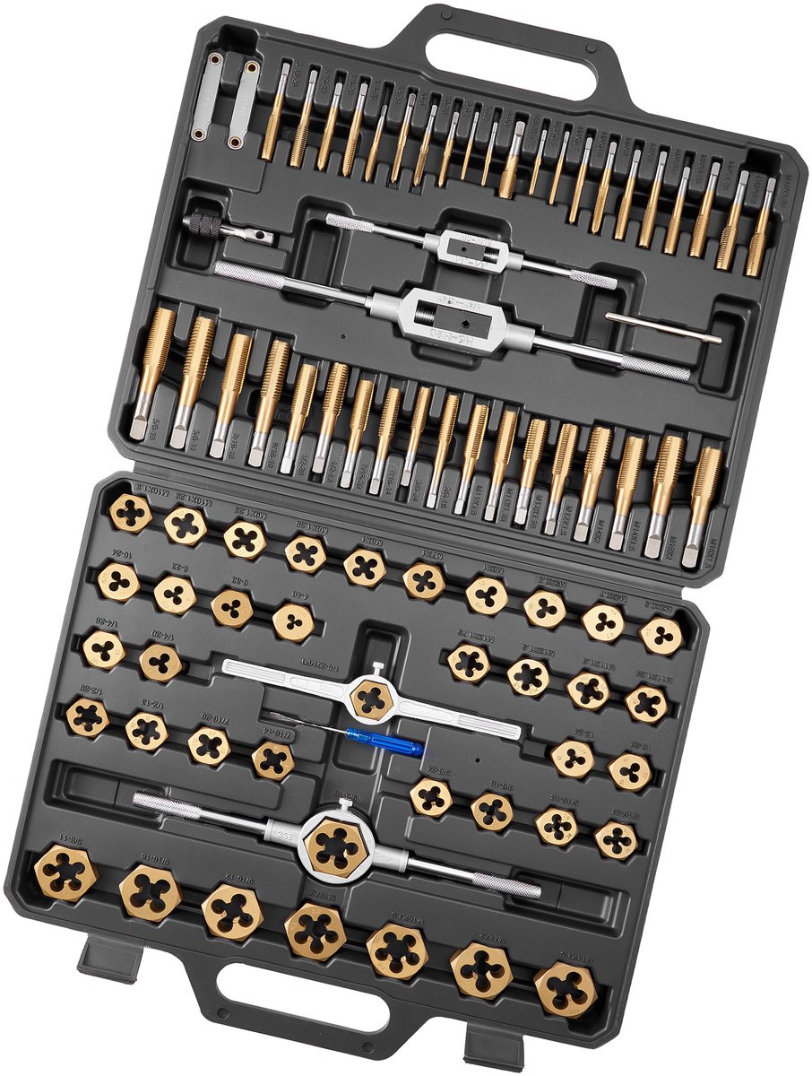 86-Delige Tap- en Snijset, Metrische en Sae-Maten van M3 Tot M12 en Nr. 4 Tot 5/8 Inch, Inclusief Grove en Fijne Tappen, Snijplaten, Sleutels en Draagtas