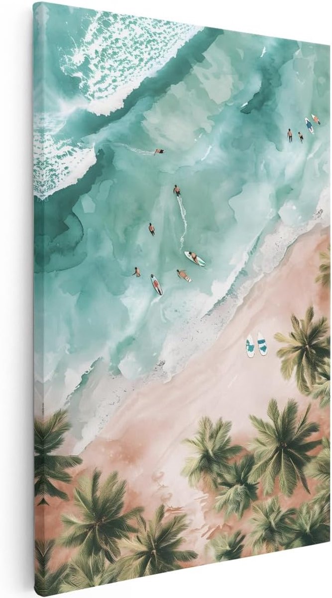 Artaza Canvas Schilderij Strand - 40x60 cm - Wanddecoratie Zee - Muurdecoratie Surfers - Decoratie Tropisch Palmbomen - ShopVlot
