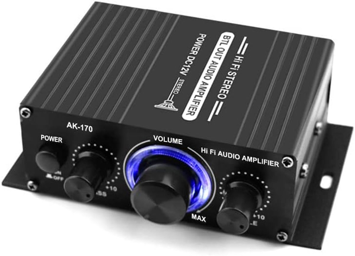 AK170 12V Mini o Power Amplifier, Digital O Receiver AMP, Dual Channel 20 Watt + 20 Watt Bass, Treble, Volume Control - ShopVlot