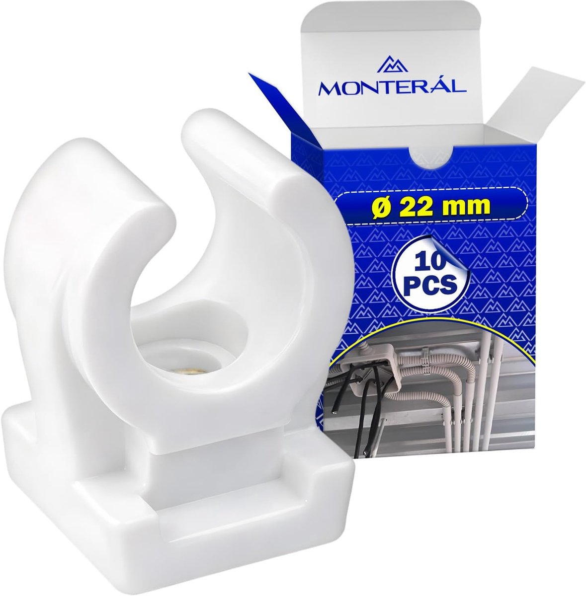 Pack of 10 PVC pipe clips, diameter 22 mm, M6, polypropylene tube clamp in white. MONTERAL - ShopVlot