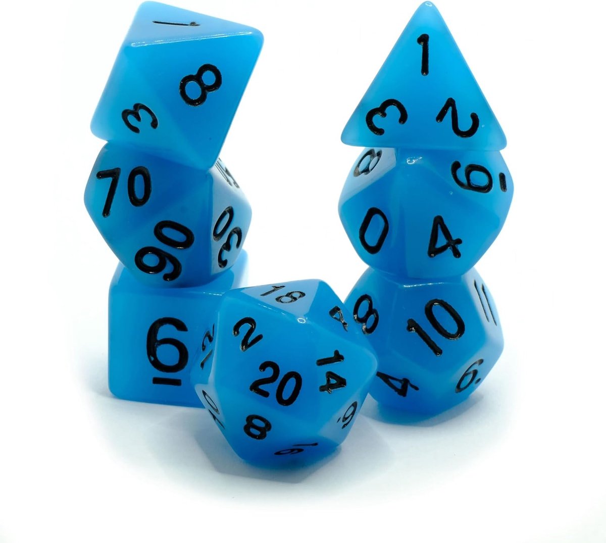 Glow in The Dark Blues - Polyset Dice - Polydice - Blue Glow in The Dark and Black - Dice Set Of 7 Pieces - ShopVlot