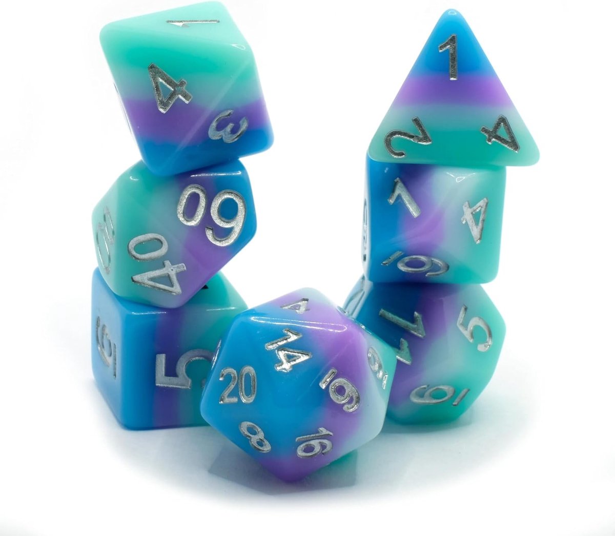 Pastel Dash - Polyset Dice - Polydice - Blue Purple White Green and Silver - Dice Set Of 7 Pieces - ShopVlot