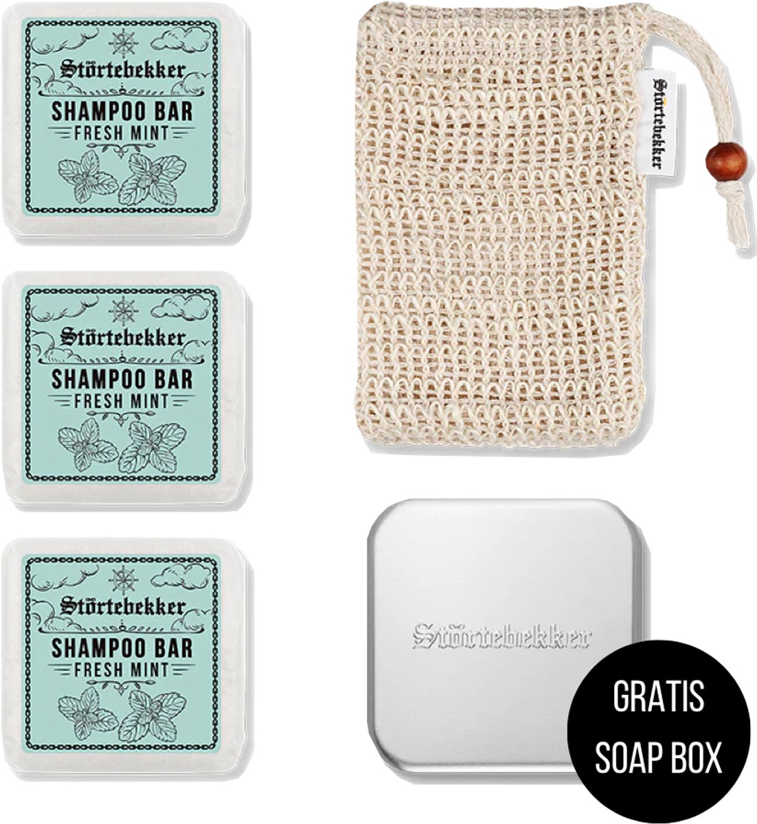Störtebekker® Premium Doucheset Hair - Vaste shampoo (100 g x3), sisalzakje + GRATIS aluminium zeepdoosje - Shampoo Bar Set - Solid shampoo Set- Handgemaakt in NL