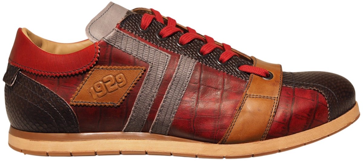 Kamo-Gutsu donkerbruin met rode leren heren sneakers Tifo-030