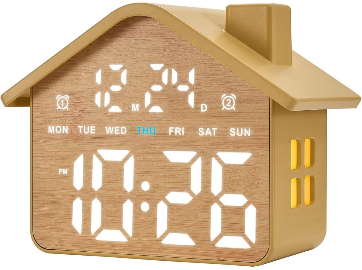 Digitale Houten Wekker – Huisvorm – Met Datum & Dag – 2 Alarms – Dimmer – Nachtlampje