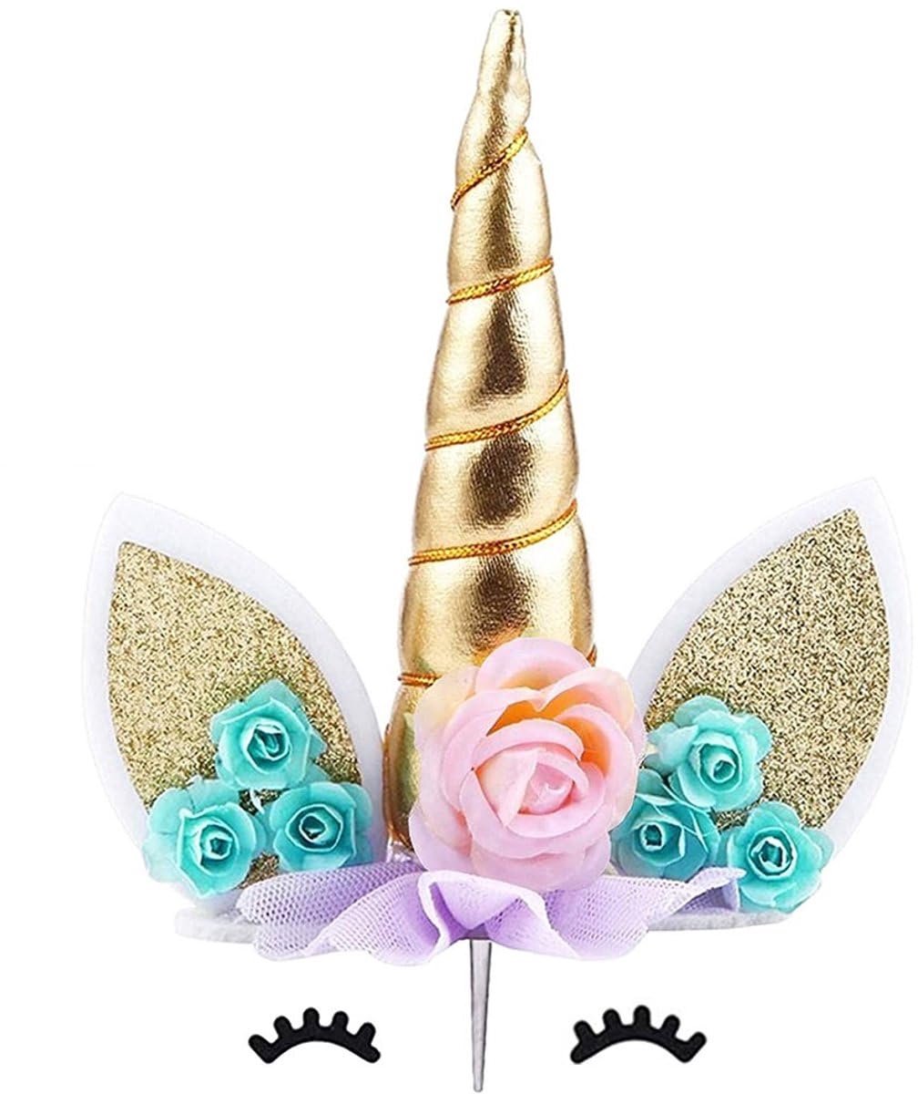 Okado Eenhoorn Taarttopper met Bloemen – Goud en Blauw – 17 cm