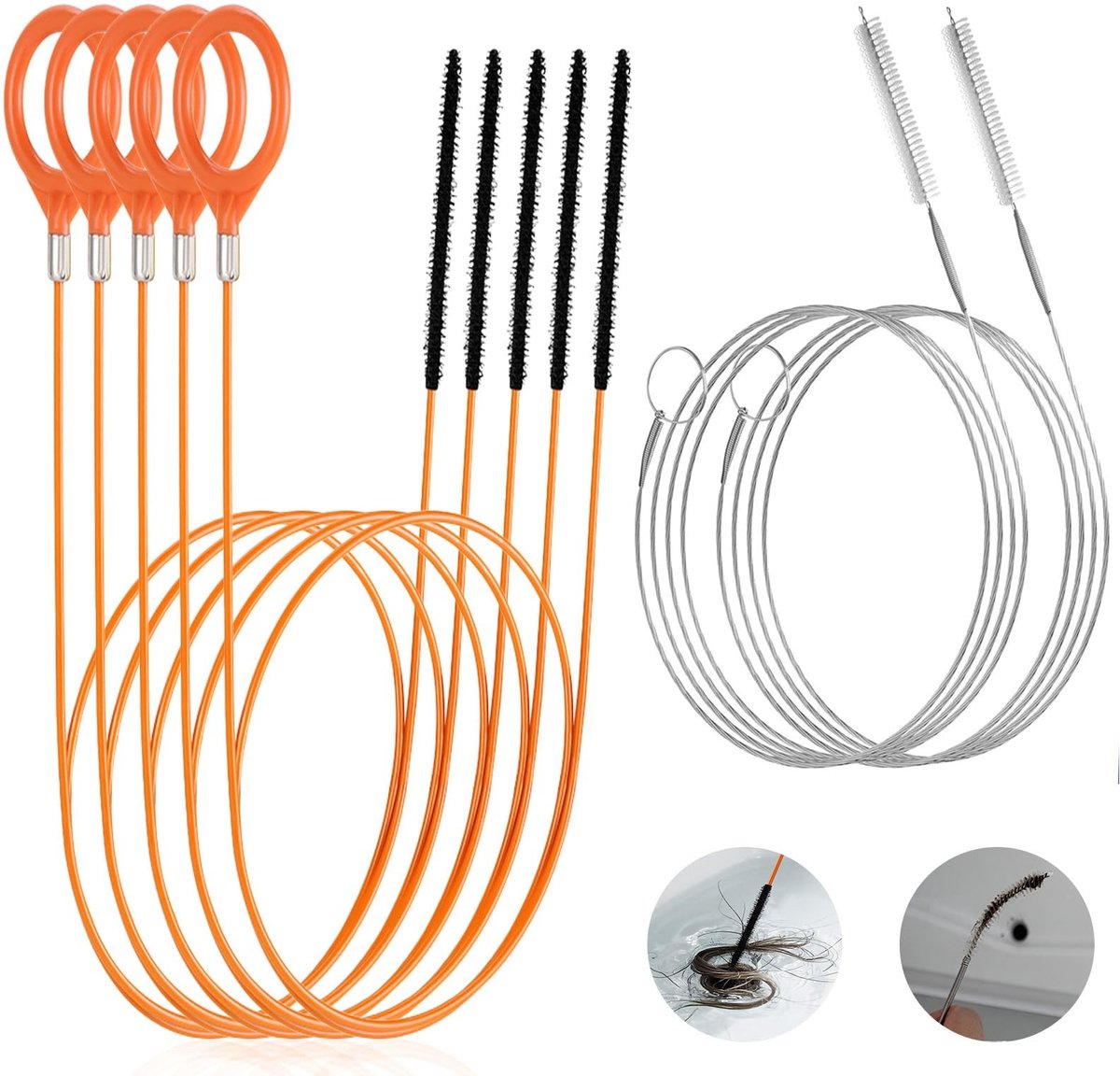 Afvoer Haarverwijderaars - Leidingreiniger Set - Verstoppingen Verhelpen - Breukbestendig Staal - 7-delig 76cm - Oranje