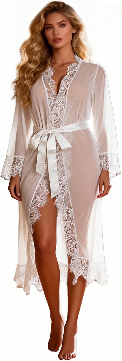 Kimono Dames Lang Sexy Tule Robe Kant Ochtendjas Grote Maten - Babydoll Lingerie Sexy for Women XS-4XL Sexy Tule Robe Lange Nachtjapon Badjas Nachtkleding Lente Bruid Robe Wit XS-S