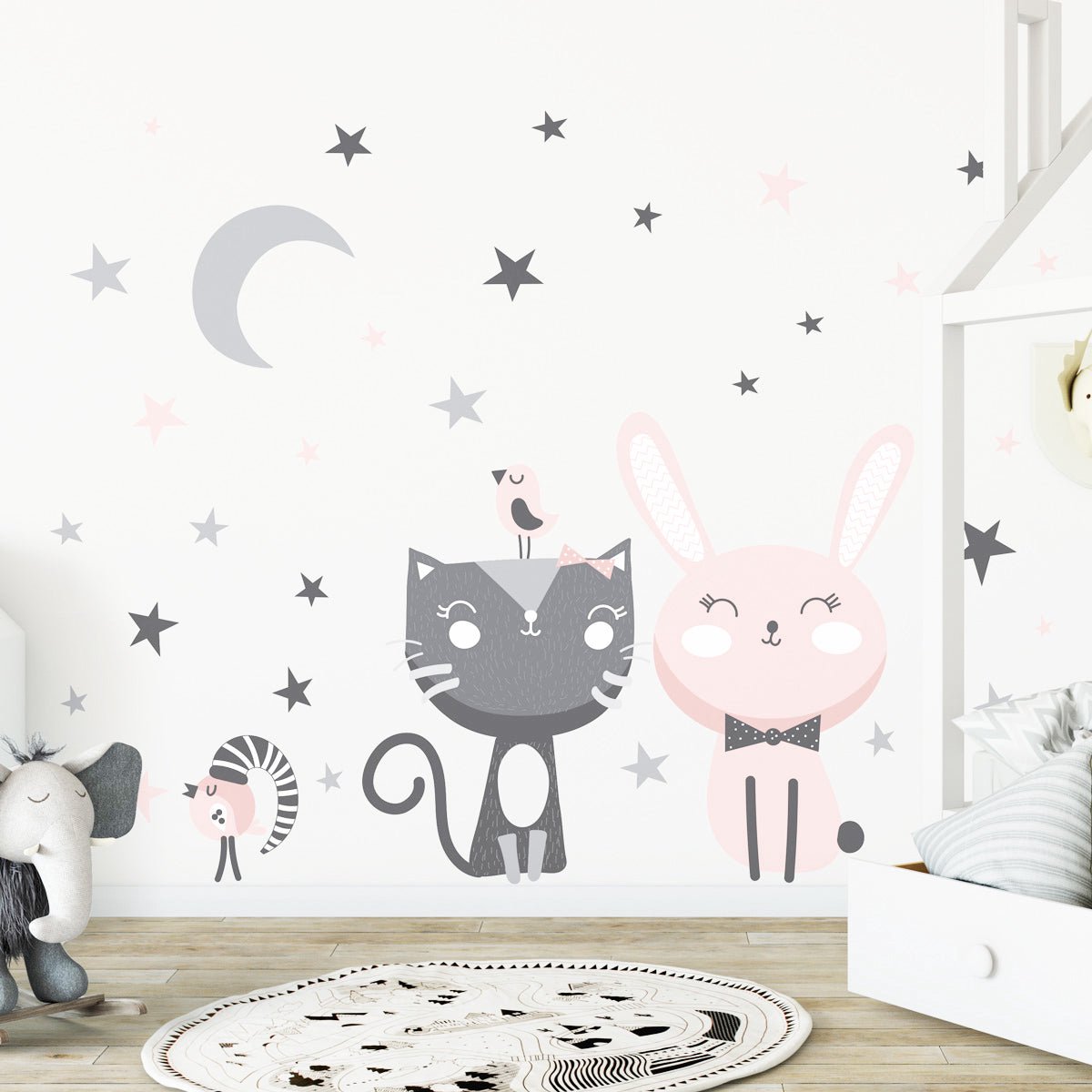 Ambiance Sticker Muurstickers - Kat, konijn en vogels tussen de sterren - Zelfklevende stickers - 95x70cm Multi color