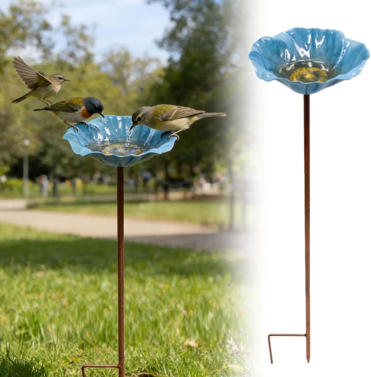 Hemelsblauwe vogelvoeder op een staak (bloemvorm) – Metalen vogelbad voor buiten (14 x 14 x 63 cm) – Decoratief ornament voor in de tuin om vogels te voeren en van water te voorzien