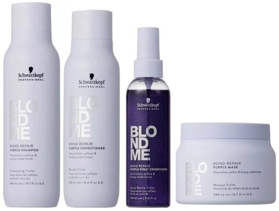 Schwarzkopf BLONDME Bond Repair set met shampoo, conditioner, spray conditioner en masker. Witte flessen en pot met paarse accenten.