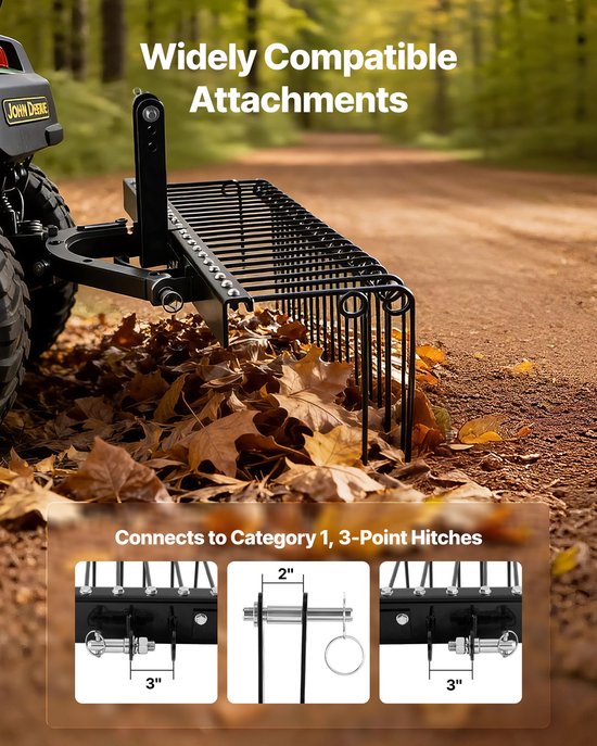 Gazonmaaierhark 150 cm met 26 Veertanden, Gazonbeluchter Geschikt voor Tractoren Categorie 1, Verticuteermachine met Driepuntsophanging, Tractoraccessoire voor Het Verzamelen van Bladeren en Dennennaalden — afbeelding 4