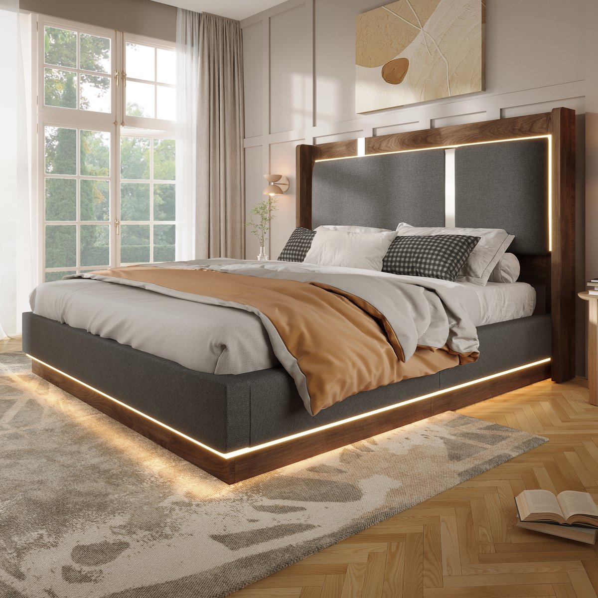 VVBV Tweepersoonsbed 140x190 cm - Hydraulische Opbergruimte, LED-Verlichting, Met Lattenbodem - Walnoot, Linnen