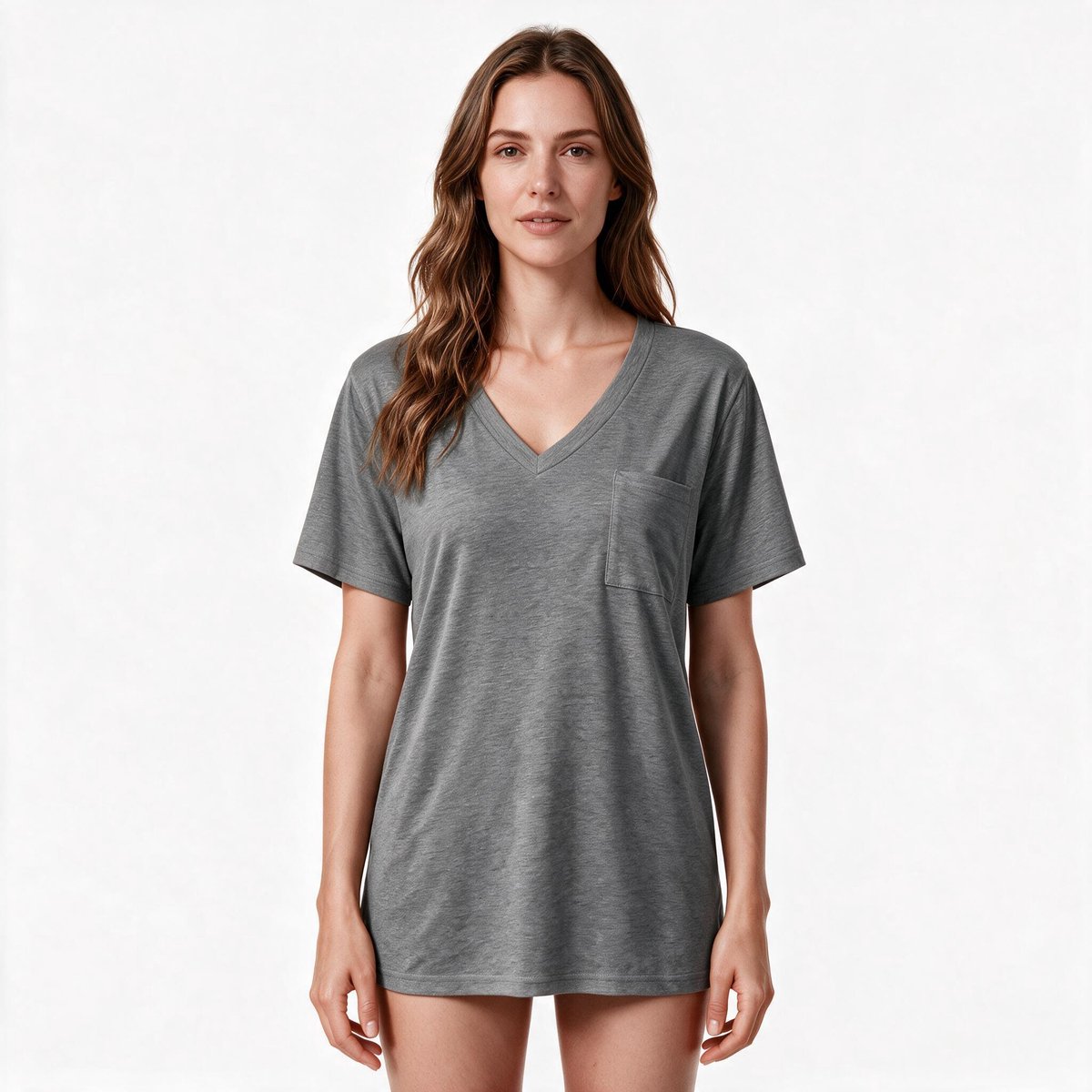 Imily Bela-Dames T-shirt met V-hals en Borstzak – Lichtgrijs – Casual Basic Top