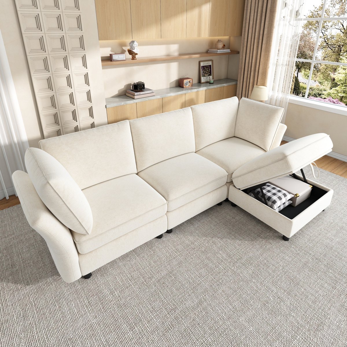 Modulaire Hoekbank - 4-Zits Chenille L Bank Met Opberghocker, Cloud Comfort En Zachte Zitkussens - Moderne Lounge Sofa Met Voetenbank Voor Woonkamer En Slaapkamer - Beige