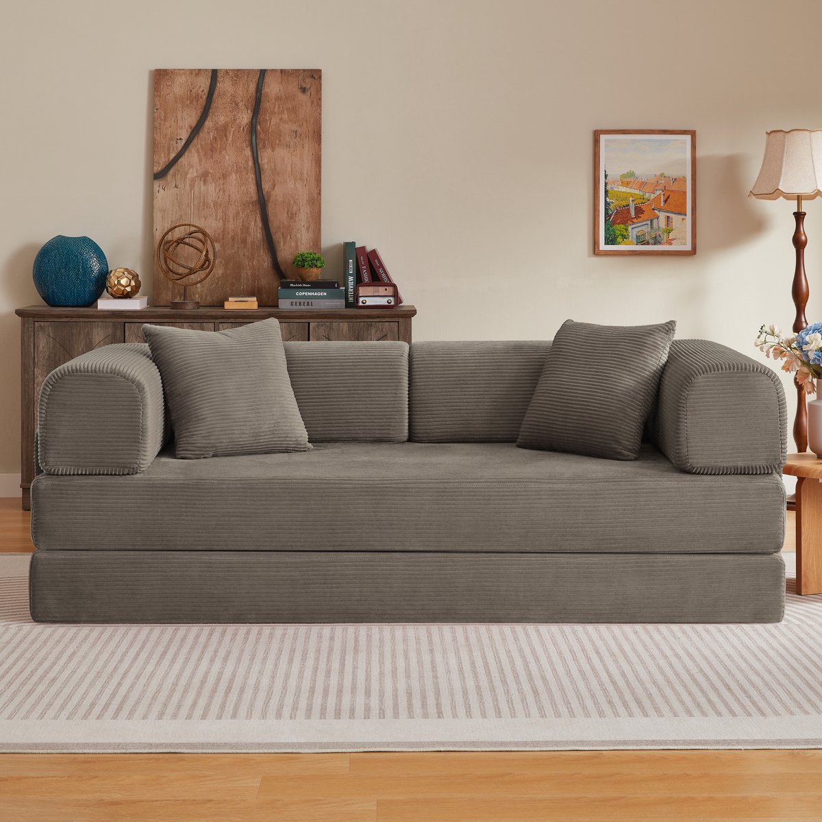 Slaapbank 2-Zits - Frameloze Ribcord Loungestoel Met Opklapbaar Matras, Vloerbank En Stalen Frame - Beige