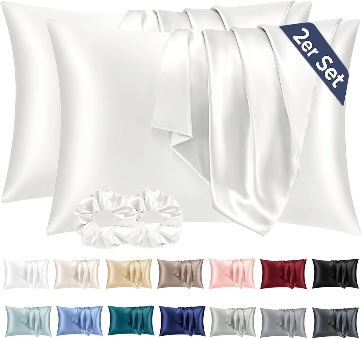 van 2 Satijn Kussensloop 40x60 Crème - zo Zacht als Zijden Kussensloop - Goed voor haar en huid Envelopsluiting met 2 Haarbandjes