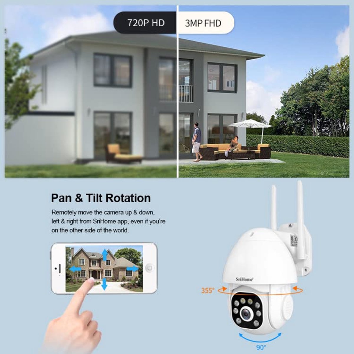 SRIHOME 3MP PTZ IP-beveiligingscamera met Human Motion Tracking, full-color nachtzicht, geluid en licht alarm, IP66 - ShopVlot
