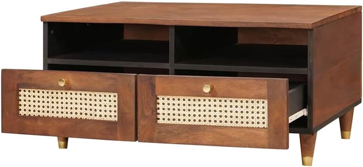 Massief houten tafel - Salontafel met laden - Woonkamer inrichten - Natuurlijke houtnerf - 80x54x40 cm - Bruin