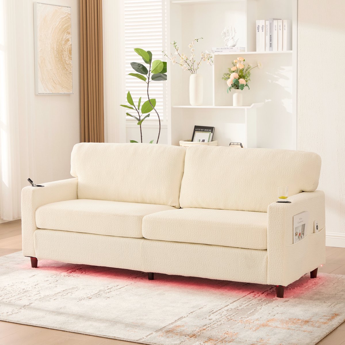 MEUNIQ 2-zitsbank in beige chenille met USB-C, LED-ambiance, bekerhouders en opbergvakken voor woonkamer, slaapkamer of thuiskantoor