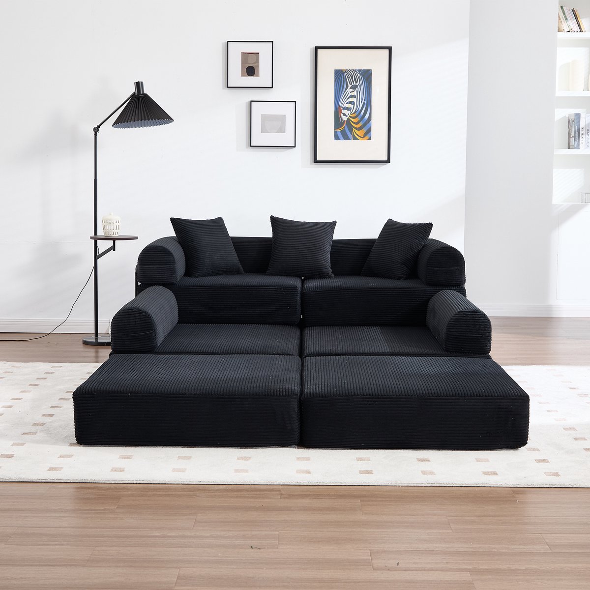 MEUNIQ modulaire slaapbank 270 x 180 x 64 cm met opbergtas, ribfluweel, 4 zitplaatsen, vacuümverpakt, 300 kg, woonkamer, zwart