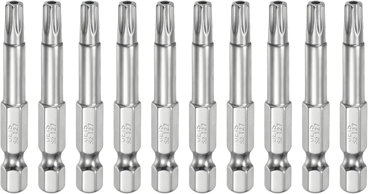 10 stuks T27 veiligheidsbits, torx, 1/4 inch zeskantschacht, 5 cm lang, S2 staal, magnetische sterbits, sabotagebestendig, torx-kop met gat voor boorbits