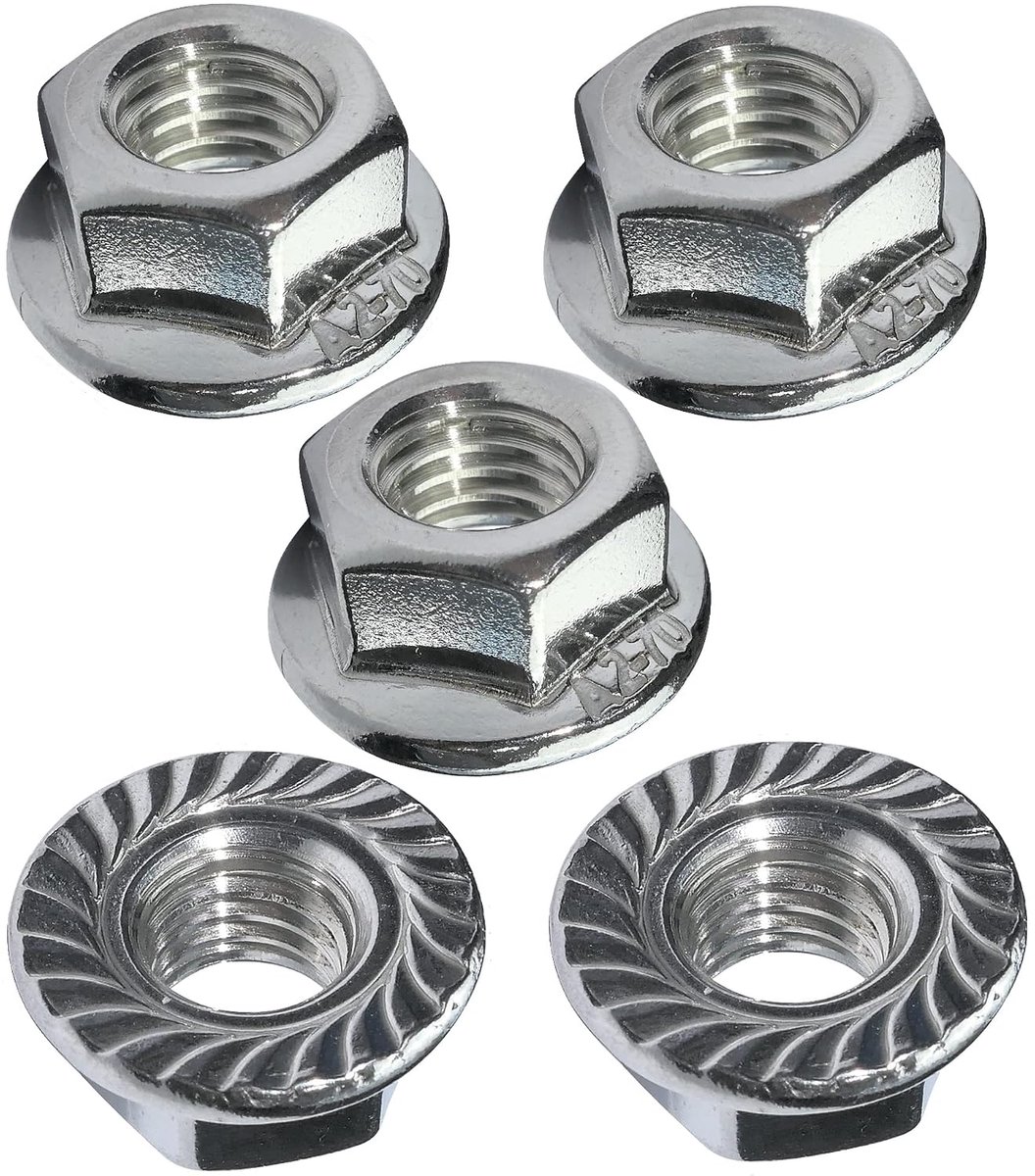 - C49661 - set met 5 zeskantmoeren met inkeping M10 - buitendiameter 21 mm - van roestvrij staal A2 hardheid 8 - DIN 6923
