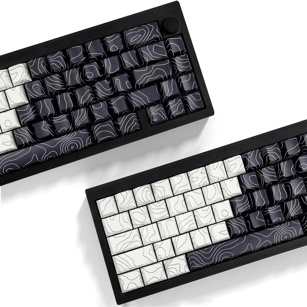 Aangepaste keycaps, wit en zwart topografische 131 toetsen, PBT kersenprofiel, kleurstofsublimatie, glanzende door zijbedrukte toetsdoppen voor ISO/ANSI UK-lay-out, mechanisch gamingtoetsenbord