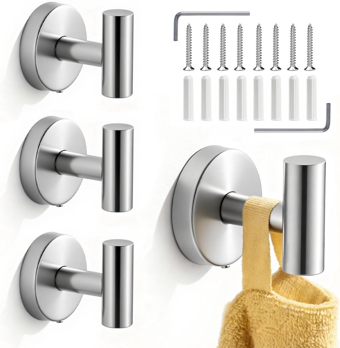4 stuks wandhaken om vast te schroeven, zilver, haken voor badkamer, haken, garderobe, keuken, haken en haken voor thuis