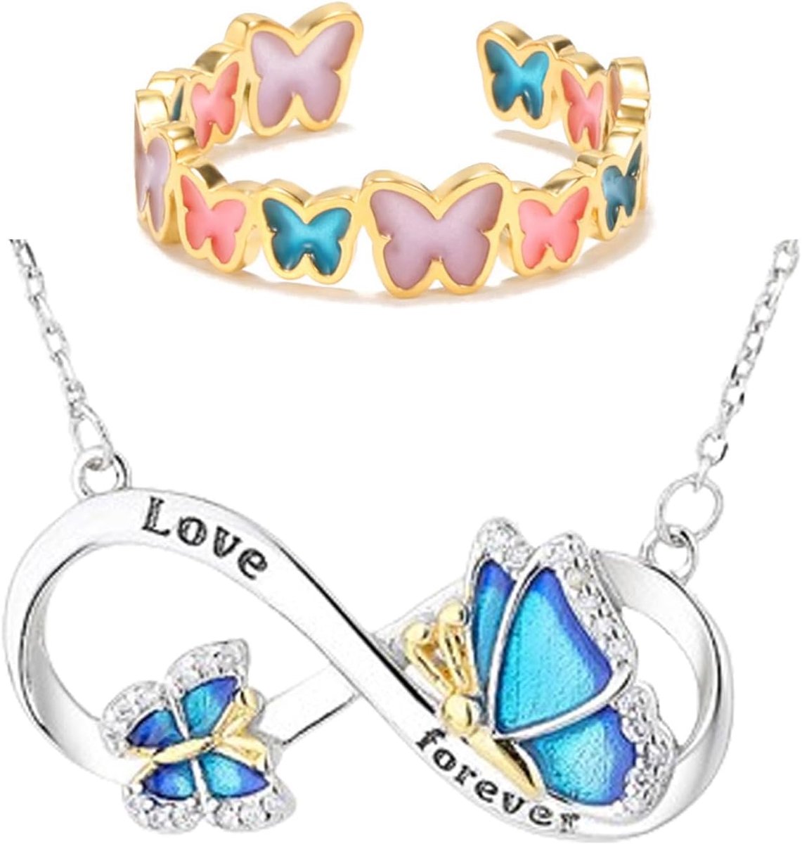 Set van 2 damessieradenset, oneindige halsketting met vlinderring, cadeau voor dames, met geschenkverpakking, koper, Koper