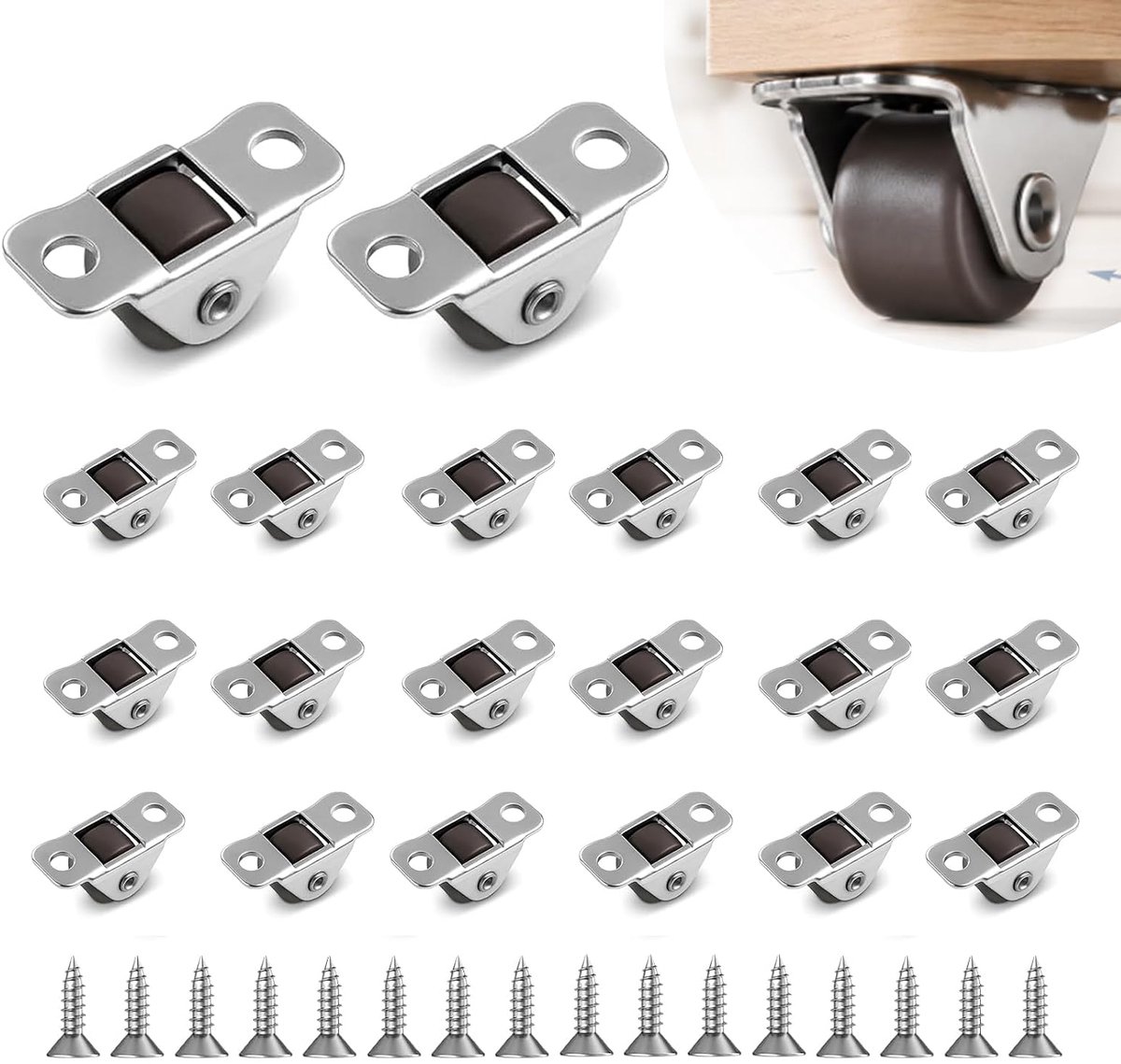 20 stuks mini-wielen voor meubels, wielen, 0,5 inch, met laag profiel, vaste wielen, zwart, met schroeven, kleine wielen voor meubels, lade, opbergdoos, doe-het-zelf, schuif, stil