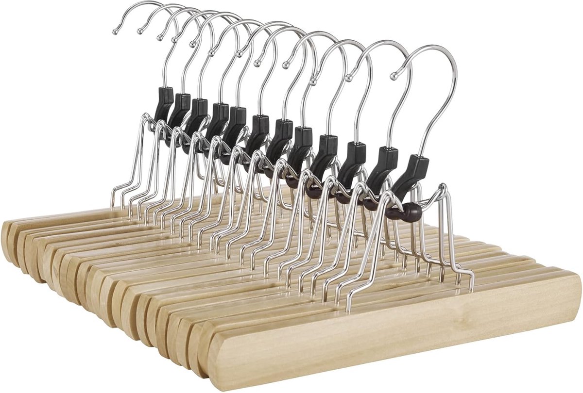 Kledinghangers set van 12 - massief hout - met antislip vilt - ideaal voor broeken en rokken - SnelShoppen