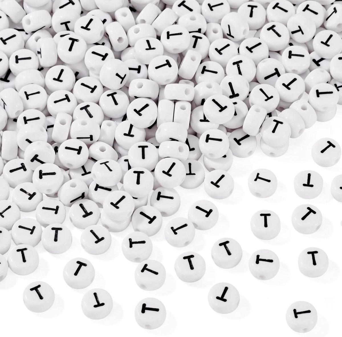 Kralen 7 x 4 mm witte platte ronde hoofdletter T schijf alfabet pony kralen voor doe-het-zelf naam armband ketting sieraden maken, gat: 1 mm