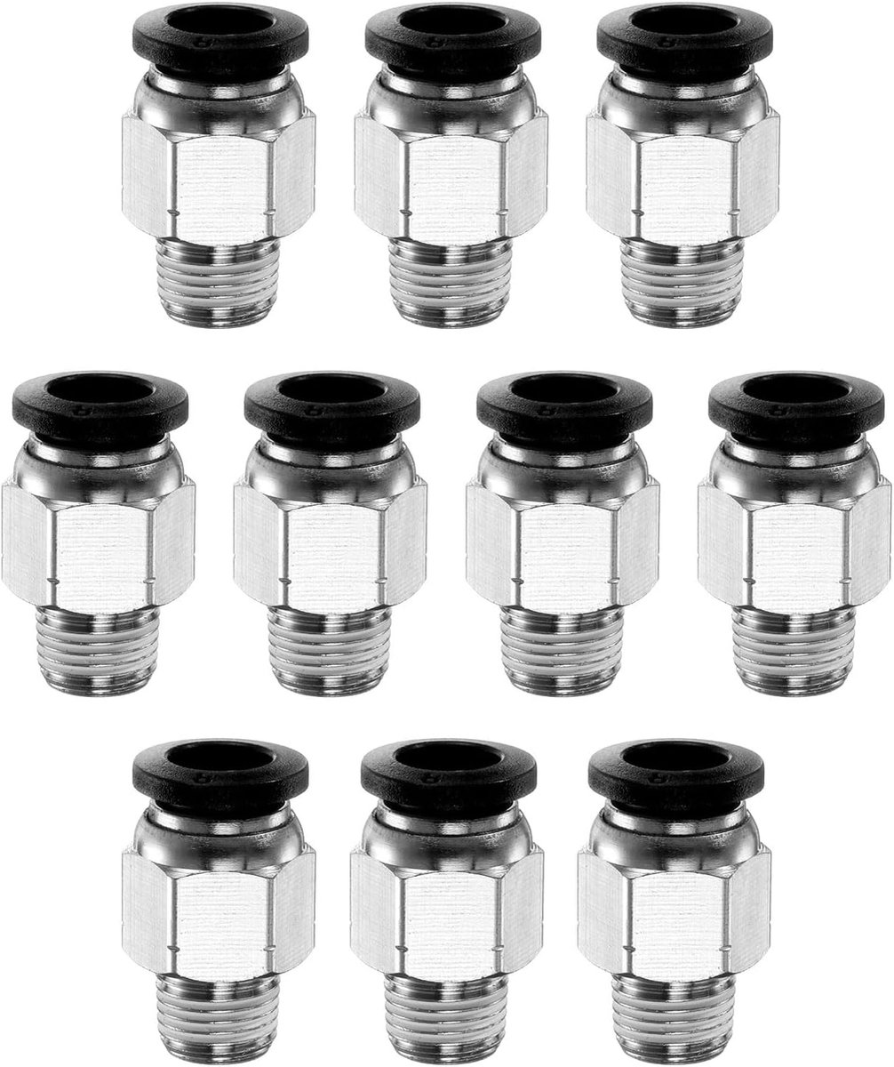 10 stuks drukkoppelingen, 8 mm buis, OD x 1/8 inch NPT mannelijk rechte snelkoppelingen, luchtlijst van koper, voor industriële luchtslangverbindingen, PC8-N01, zwart