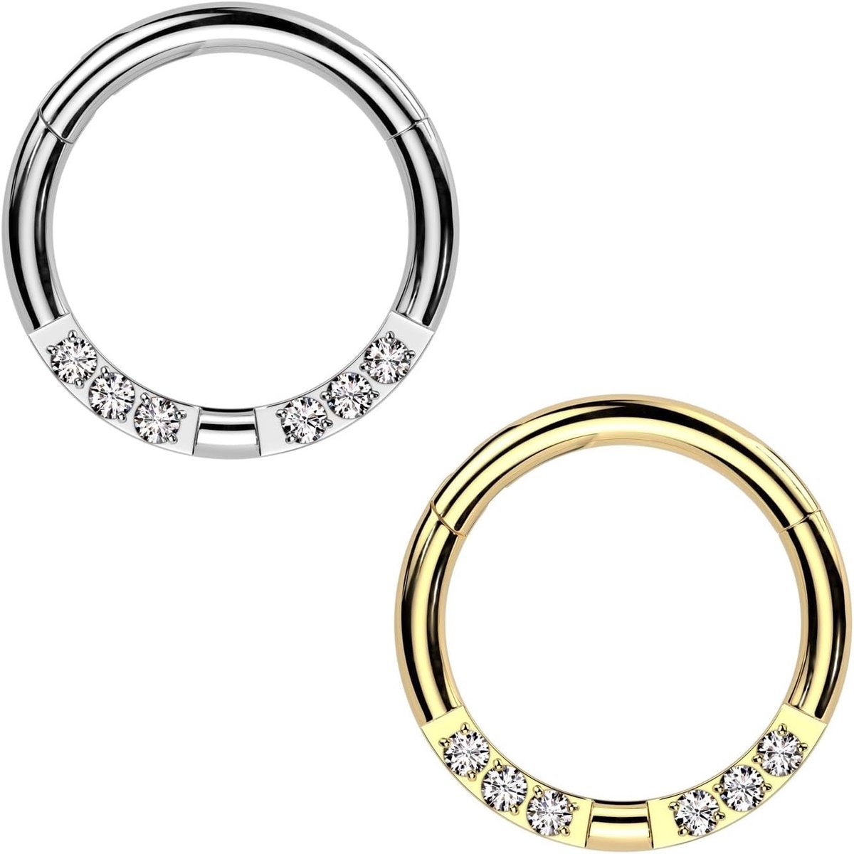 Goud zilver dubbele voorkant zirconia serie Clear universele piercing neus septum segment klapsluiting 1,2 mm 8/10 mm