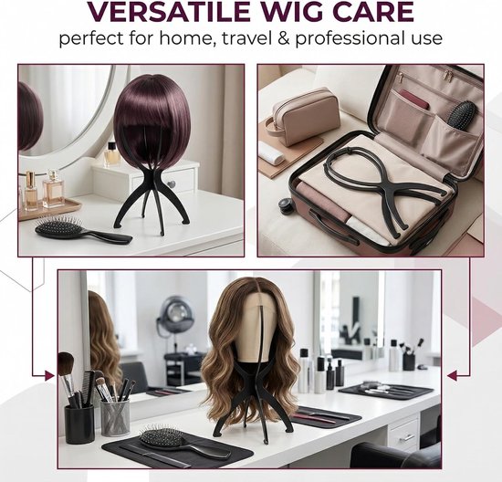 3 stuks, pruikenhouder met kussenborstel, verzorgingsset voor pruik, borstel en zwarte houders voor verzorging en styling — afbeelding 3