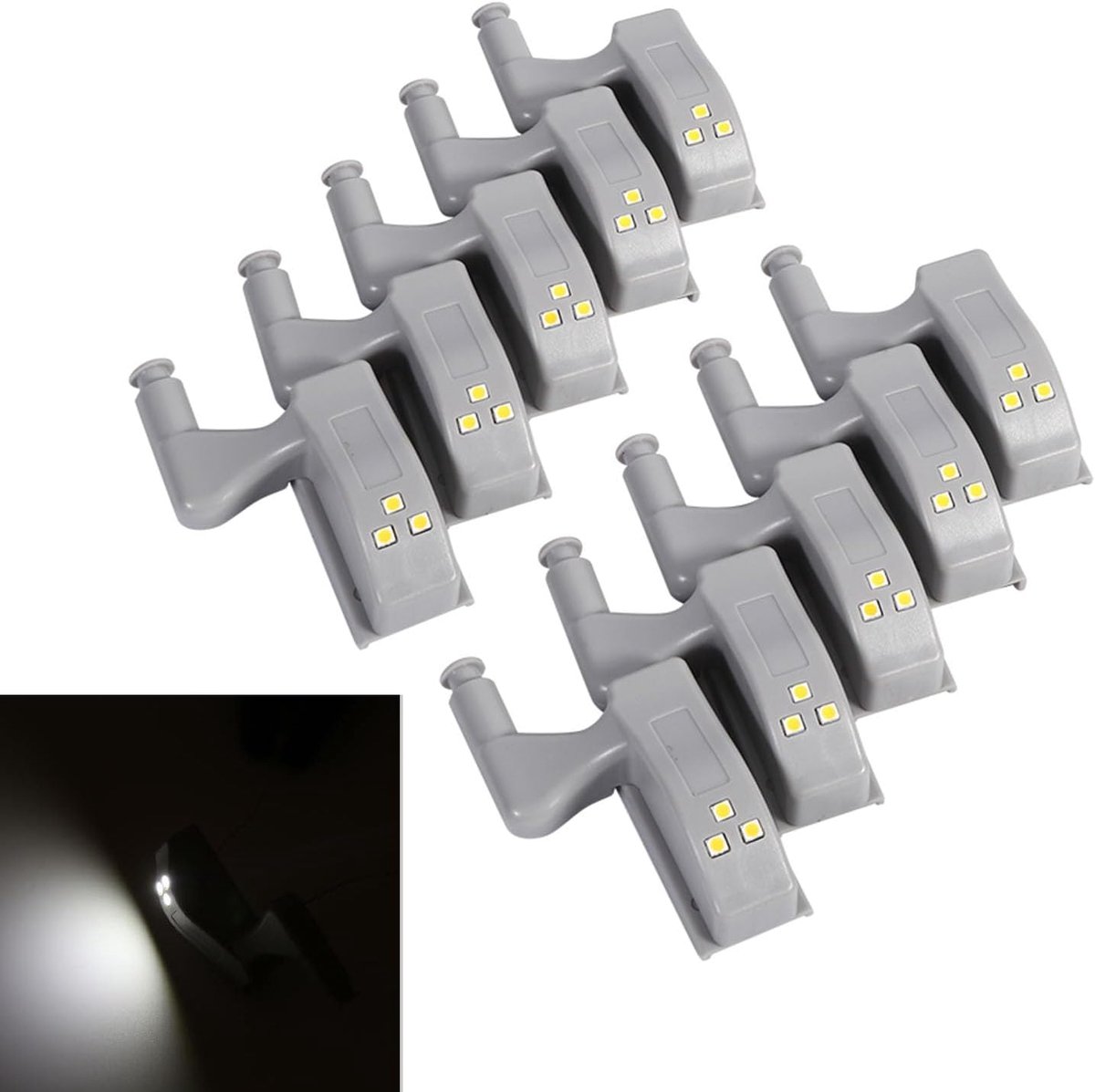 Set van 10 ledlampen, scharnier, 3 leds, automatische verlichting, ABS, 12 V, zonder gereedschap, installatie 10 seconden, kastset, keuken, kleedkamer, badkamer, 10 seconden onmiddellijke verlichting